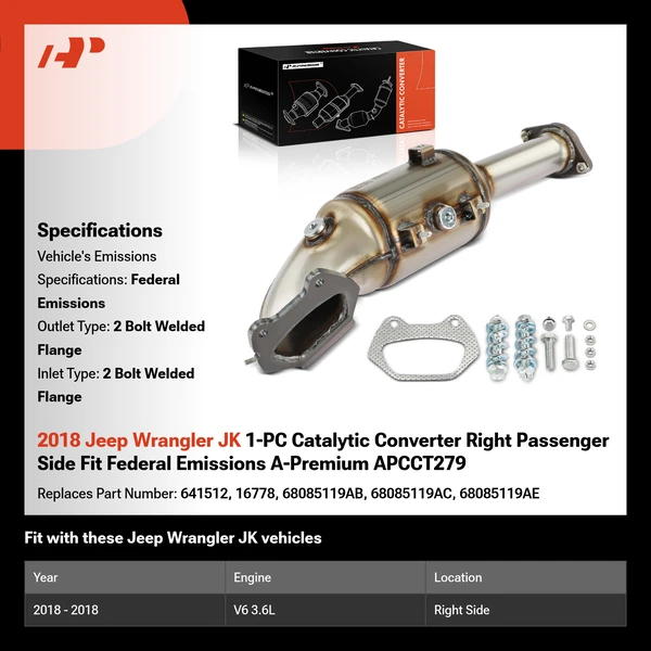 2018 Jeep Wrangler JK 1-PC Catalytic Converter Right Passenger Side Fit Federal Emissions A-Premium APCCT279