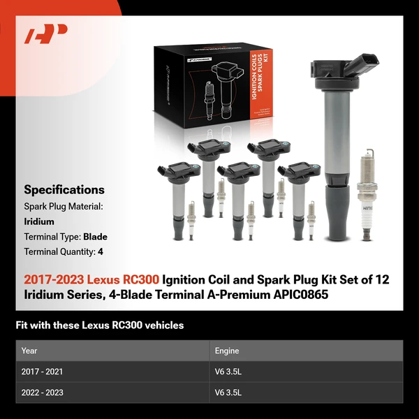 2017-2023 Lexus RC300 Ignition Coil and Spark Plug Kit Set of 12 Iridium Series, 4-Blade Terminal A-Premium APIC0865