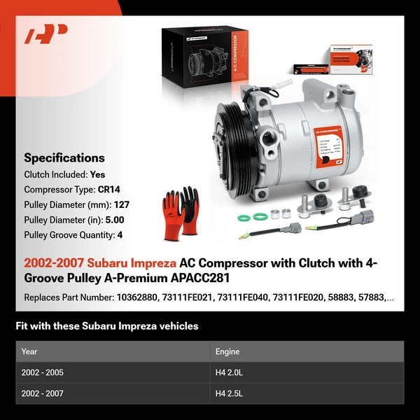 2002-2007 Subaru Impreza AC Compressor with Clutch with 4-Groove Pulley A-Premium APACC281