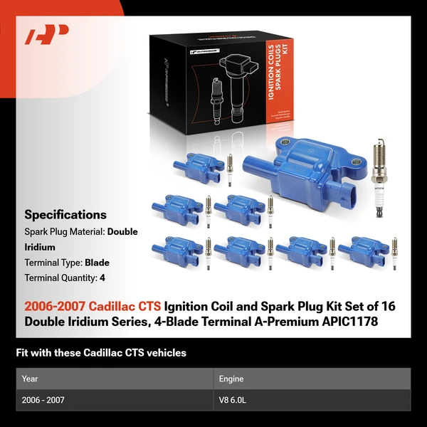 2006-2007 Cadillac CTS Ignition Coil and Spark Plug Kit Set of 16 Double Iridium Series, 4-Blade Terminal A-Premium APIC1178