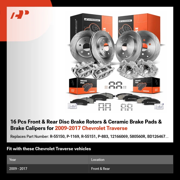 16 Pcs Front & Rear Disc Brake Rotors & Ceramic Brake Pads & Brake Calipers for 2009-2017 Chevrolet Traverse