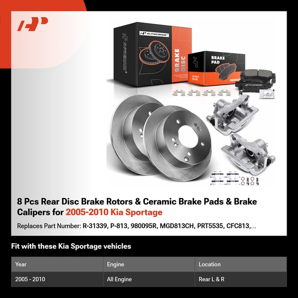 8 Pcs Rear Disc Brake Rotors & Ceramic Brake Pads & Brake Calipers for 2005-2010 Kia Sportage