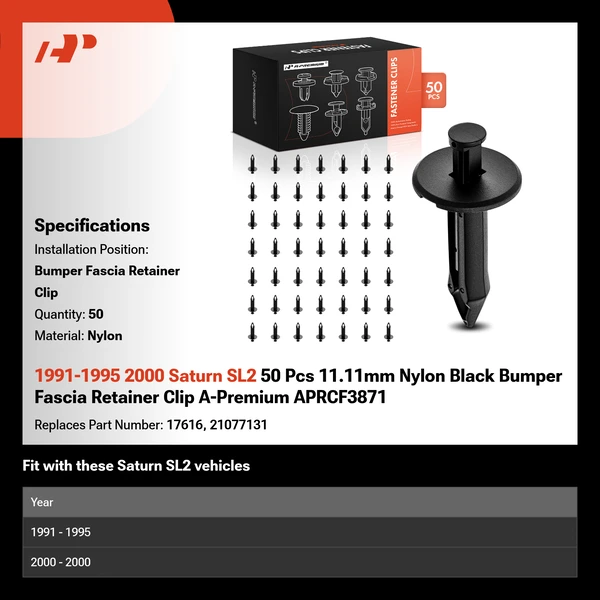 1991-1995 2000 Saturn SL2 50 Pcs 11.11mm Nylon Black Bumper Fascia Retainer Clip A-Premium APRCF3871