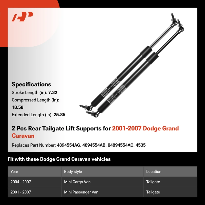 2 Pcs Rear Tailgate Lift Supports for 2001-2007 Dodge Grand Caravan