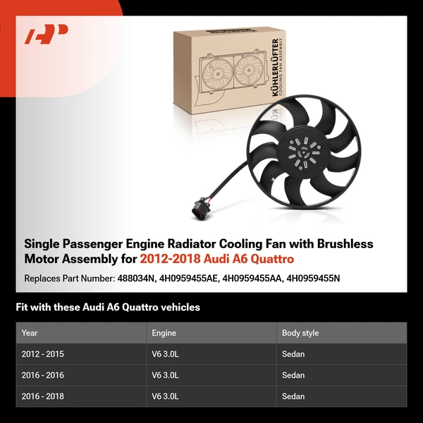 Single Passenger Engine Radiator Cooling Fan with Brushless Motor Assembly for 2012-2018 Audi A6 Quattro