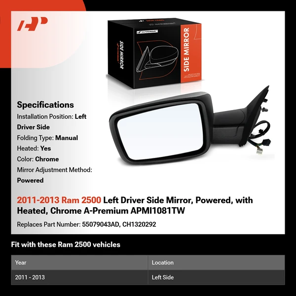 2011-2013 Ram 2500 Left Driver Side Mirror, Powered, with Heated, Chrome A-Premium APMI1081TW