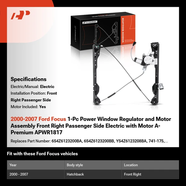 2000-2007 Ford Focus 1-Pc Power Window Regulator and Motor Assembly Front Right Passenger Side Electric with Motor A-Premium APWR1817
