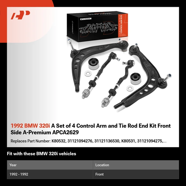 1992 BMW 320i A Set of 4 Control Arm and Tie Rod End Kit Front Side A-Premium APCA2629