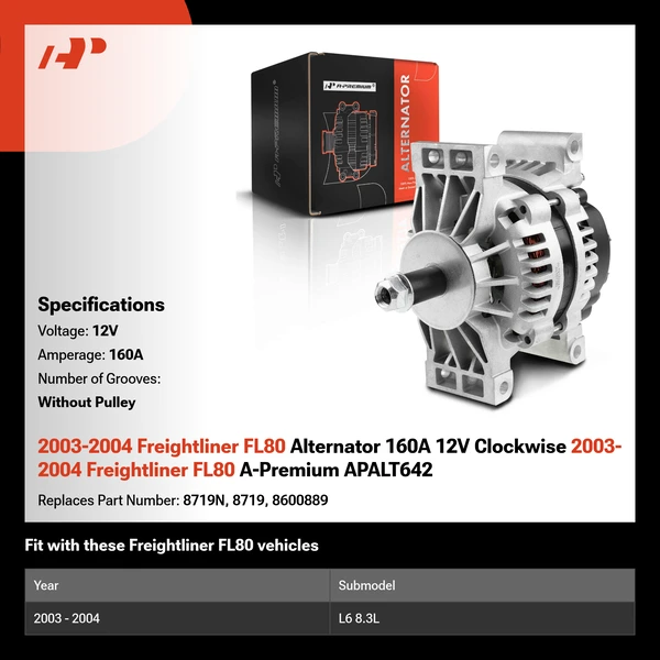 2003-2004 Freightliner FL80 Alternator 160A 12V Clockwise 2003-2004 Freightliner FL80 A-Premium APALT642