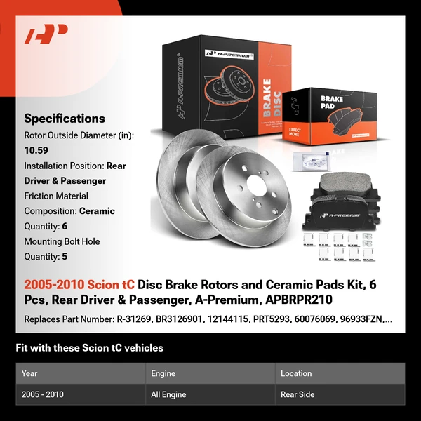 2005-2010 Scion tC Disc Brake Rotors and Ceramic Pads Kit, 6 Pcs, Rear Driver & Passenger, A-Premium, APBRPR210