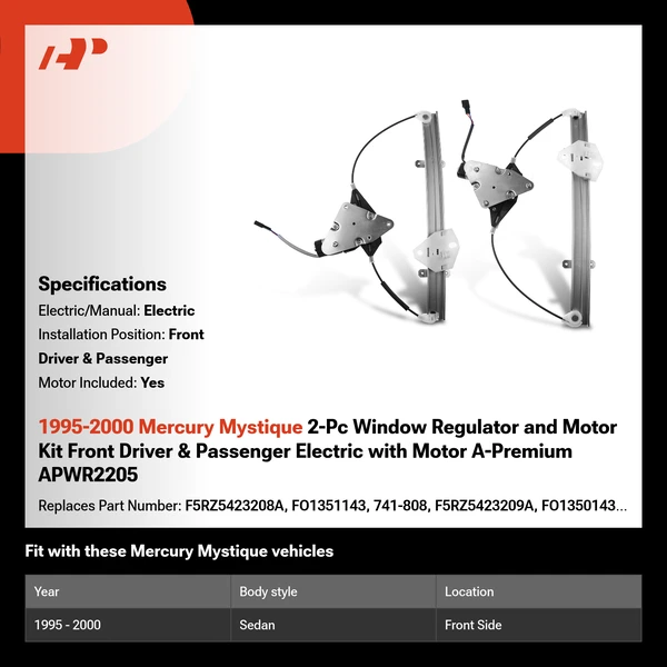 1995-2000 Mercury Mystique 2-Pc Window Regulator and Motor Kit Front Driver & Passenger Electric with Motor A-Premium APWR2205