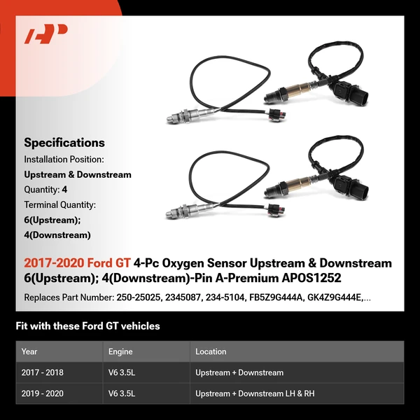 2017-2020 Ford GT 4-Pc Oxygen Sensor Upstream & Downstream 6(Upstream); 4(Downstream)-Pin A-Premium APOS1252