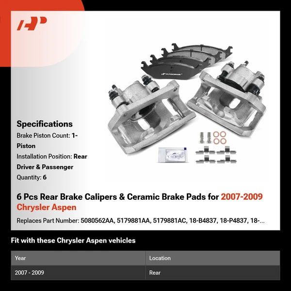 6 Pcs Rear Brake Calipers & Ceramic Brake Pads for 2007-2009 Chrysler Aspen