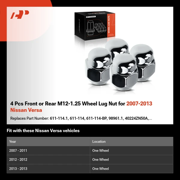 4 Pcs Front or Rear M12-1.25 Wheel Lug Nut for 2007-2013 Nissan Versa