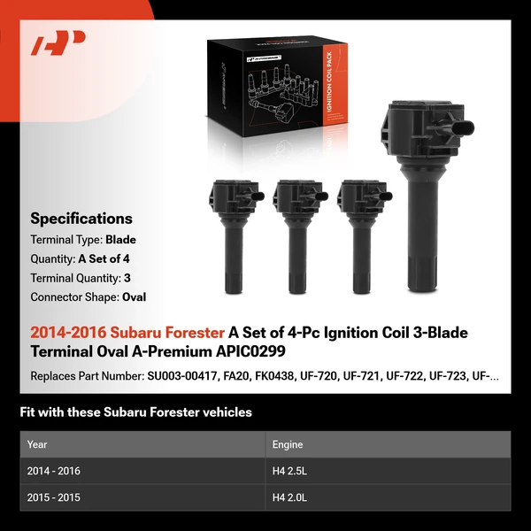 2014-2016 Subaru Forester A Set of 4-Pc Ignition Coil 3-Blade Terminal Oval A-Premium APIC0299