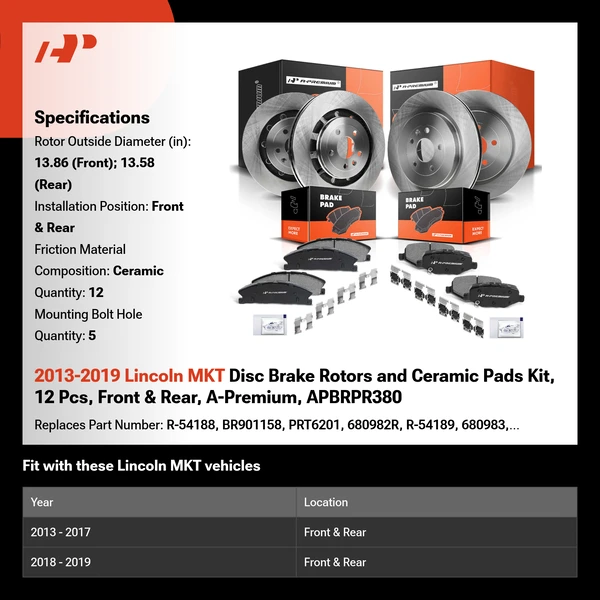 2013-2019 Lincoln MKT Disc Brake Rotors and Ceramic Pads Kit, 12 Pcs, Front & Rear, A-Premium, APBRPR380