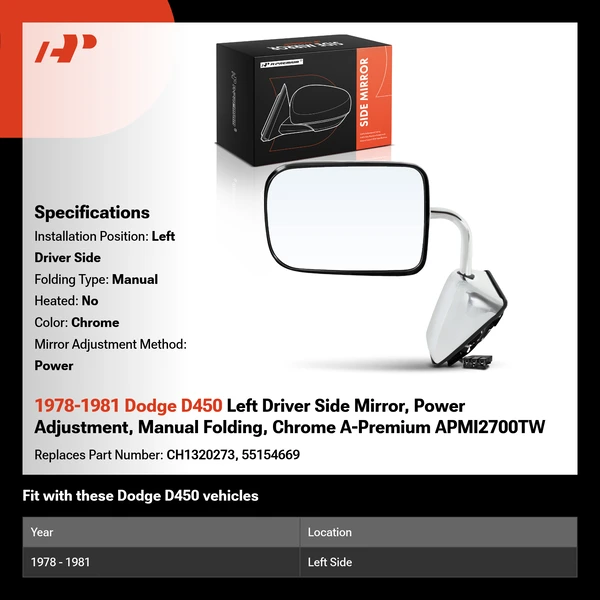 1978-1981 Dodge D450 Left Driver Side Mirror, Power Adjustment, Manual Folding, Chrome A-Premium APMI2700TW