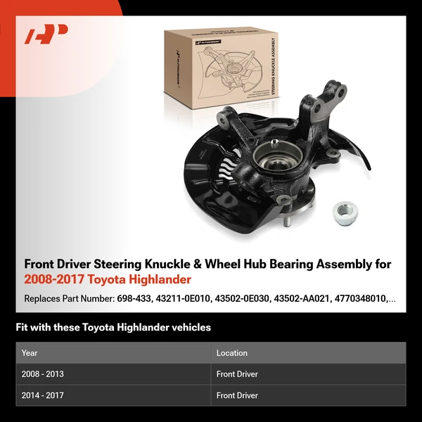 Front Driver Steering Knuckle & Wheel Hub Bearing Assembly for 2008-2017 Toyota Highlander