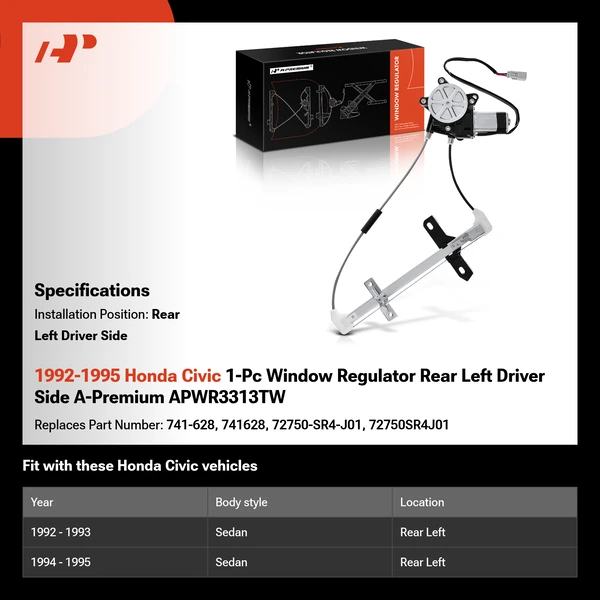 1992-1995 Honda Civic 1-Pc Window Regulator Rear Left Driver Side A-Premium APWR3313TW