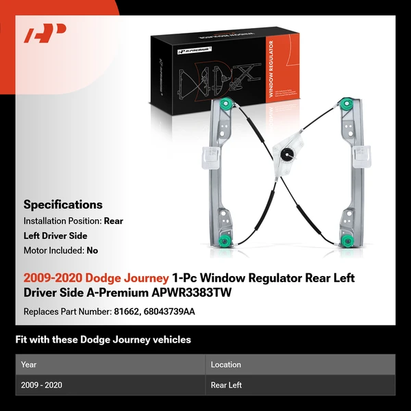 2009-2020 Dodge Journey 1-Pc Window Regulator Rear Left Driver Side A-Premium APWR3383TW