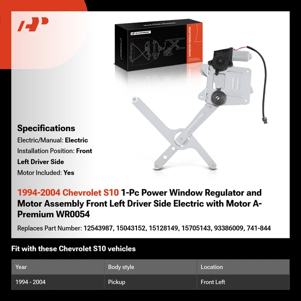 1994-2004 Chevrolet S10 1-Pc Power Window Regulator and Motor Assembly Front Left Driver Side Electric with Motor A-Premium WR0054