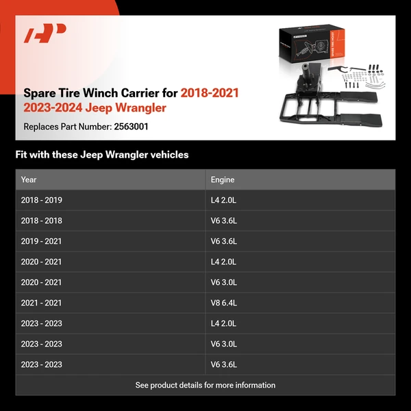 Spare Tire Winch Carrier for 2018-2021 2023-2024 Jeep Wrangler