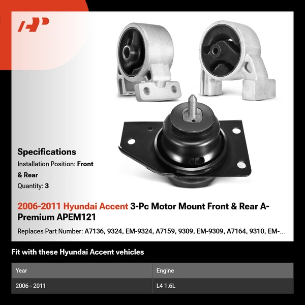 2006-2011 Hyundai Accent 3-Pc Motor Mount Front & Rear A-Premium APEM121