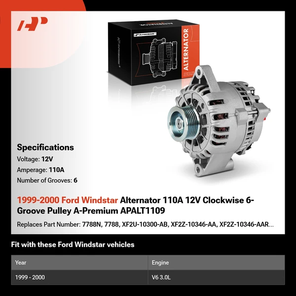 1999-2000 Ford Windstar Alternator 110A 12V Clockwise 6-Groove Pulley A-Premium APALT1109