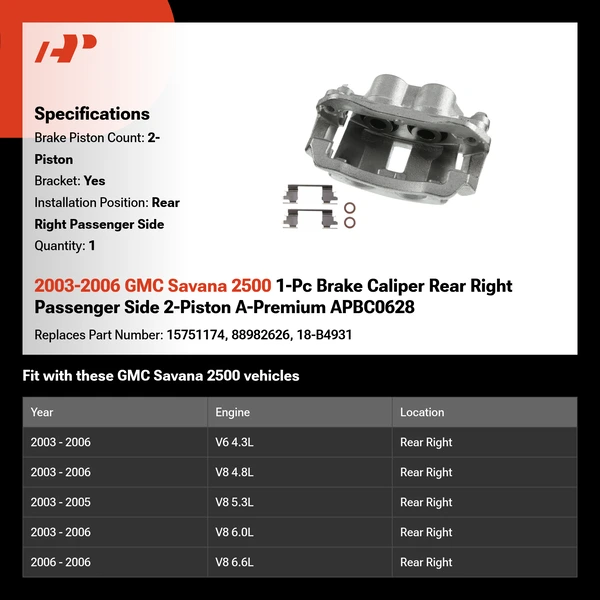 2003-2006 GMC Savana 2500 1-Pc Brake Caliper Rear Right Passenger Side 2-Piston A-Premium APBC0628