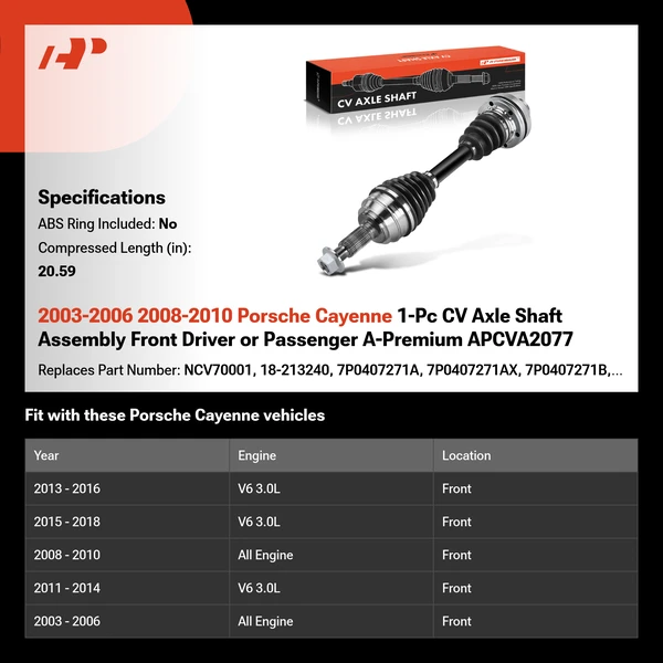 2003-2006 2008-2010 Porsche Cayenne 1-Pc CV Axle Shaft Assembly Front Driver or Passenger A-Premium APCVA2077
