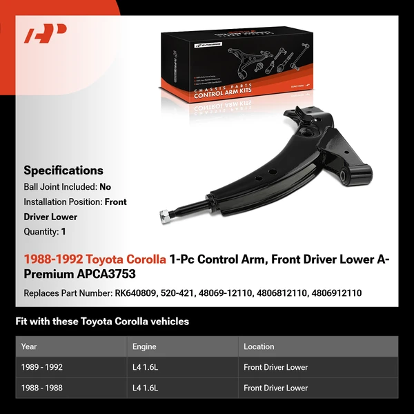 1988-1992 Toyota Corolla 1-Pc Control Arm, Front Driver Lower A-Premium APCA3753