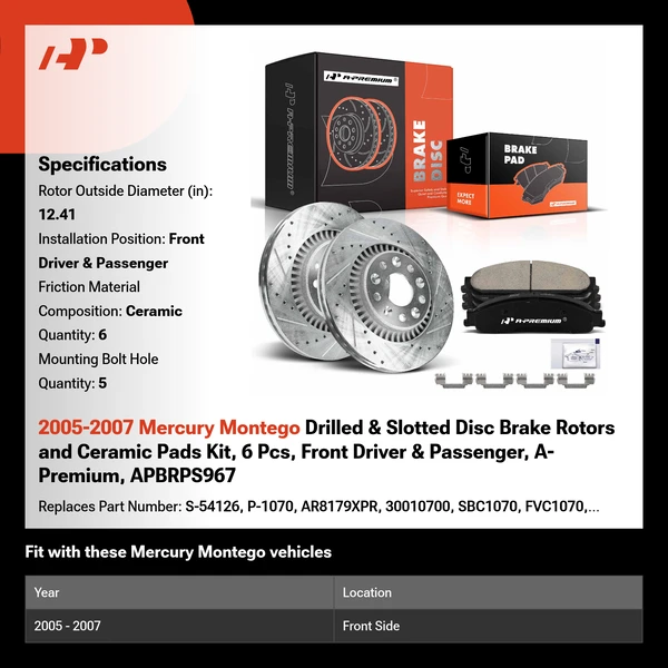2005-2007 Mercury Montego Drilled & Slotted Disc Brake Rotors and Ceramic Pads Kit, 6 Pcs, Front Driver & Passenger, A-Premium, APBRPS967