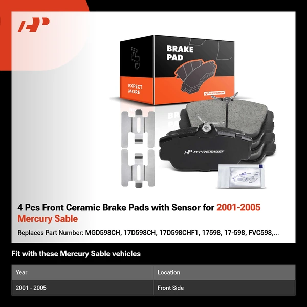4 Pcs Front Ceramic Brake Pads with Sensor for 2001-2005 Mercury Sable