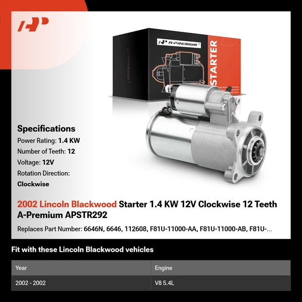 2002 Lincoln Blackwood Starter 1.4 KW 12V Clockwise 12 Teeth A-Premium APSTR292