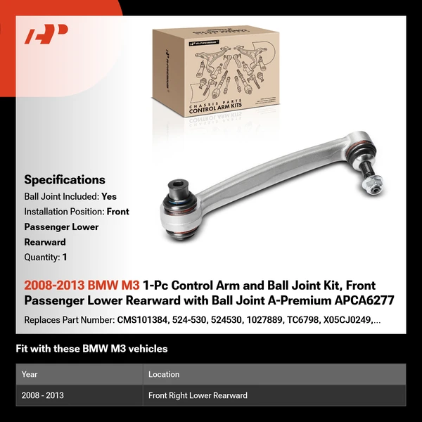 2008-2013 BMW M3 1-Pc Control Arm and Ball Joint Kit, Front Passenger Lower Rearward with Ball Joint A-Premium APCA6277