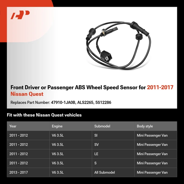 Front Driver or Passenger ABS Wheel Speed Sensor for 2011-2017 Nissan Quest
