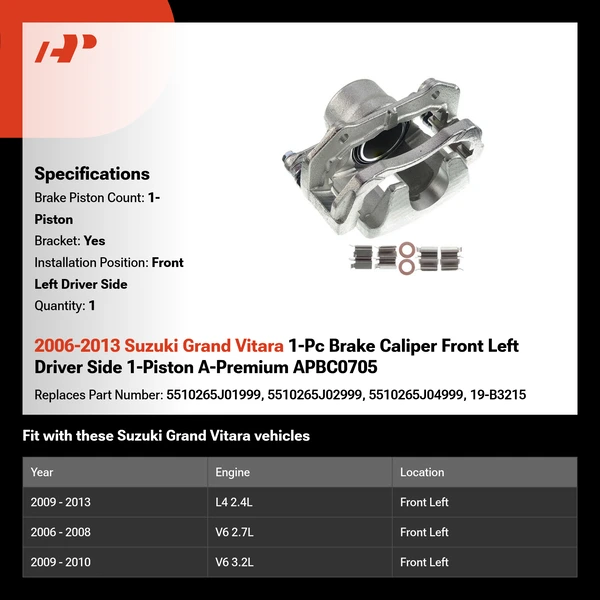 2006-2013 Suzuki Grand Vitara 1-Pc Brake Caliper Front Left Driver Side 1-Piston A-Premium APBC0705