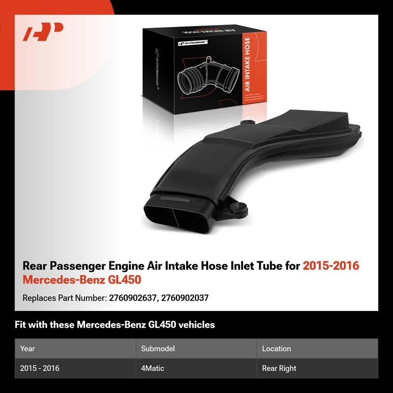Rear Passenger Engine Air Intake Hose Inlet Tube for 2015-2016 Mercedes-Benz GL450