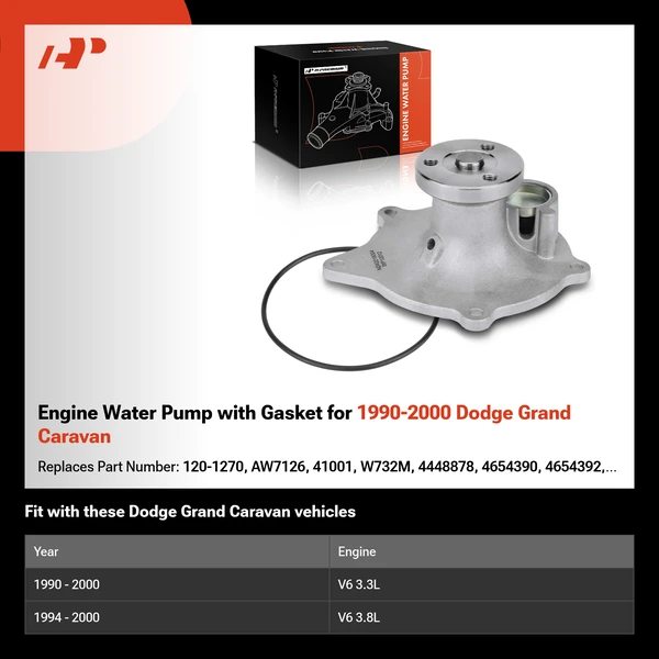 Engine Water Pump with Gasket for 1990-2000 Dodge Grand Caravan