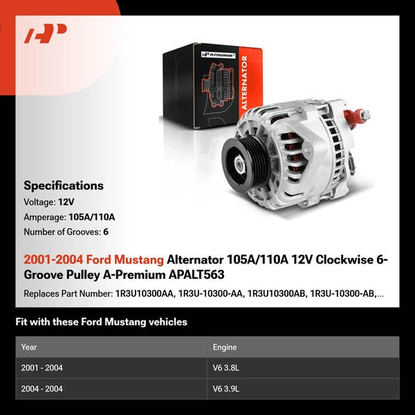 2001-2004 Ford Mustang Alternator 105A/110A 12V Clockwise 6-Groove Pulley A-Premium APALT563