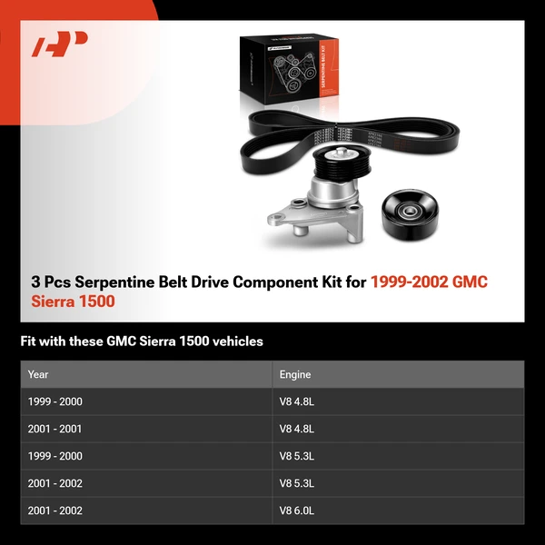 3 Pcs Serpentine Belt Drive Component Kit for 1999-2002 GMC Sierra 1500