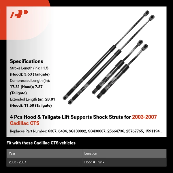 4 Pcs Hood & Tailgate Lift Supports Shock Struts for 2003-2007 Cadillac CTS