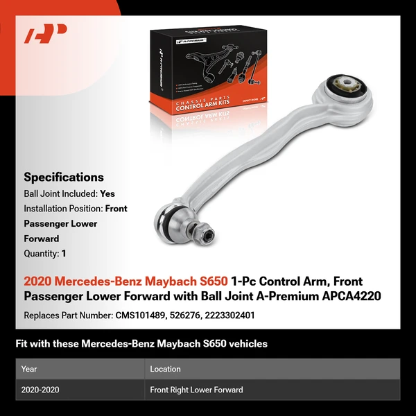2020 Mercedes-Benz Maybach S650 1-Pc Control Arm, Front Passenger Lower Forward with Ball Joint A-Premium APCA4220