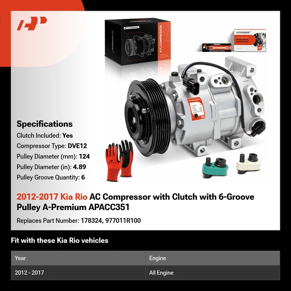 2012-2017 Kia Rio AC Compressor with Clutch with 6-Groove Pulley A-Premium APACC351