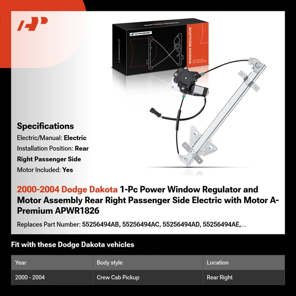 2000-2004 Dodge Dakota 1-Pc Power Window Regulator and Motor Assembly Rear Right Passenger Side Electric with Motor A-Premium APWR1826