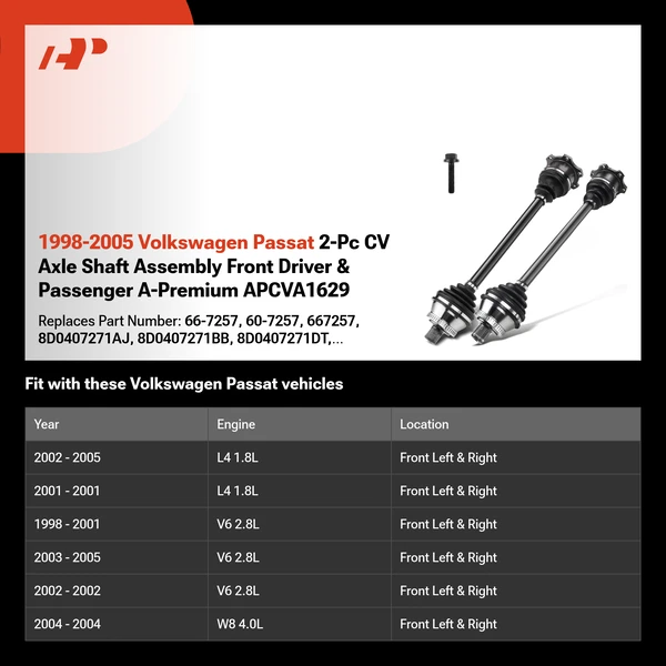 1998-2005 Volkswagen Passat 2-Pc CV Axle Shaft Assembly Front Driver & Passenger A-Premium APCVA1629