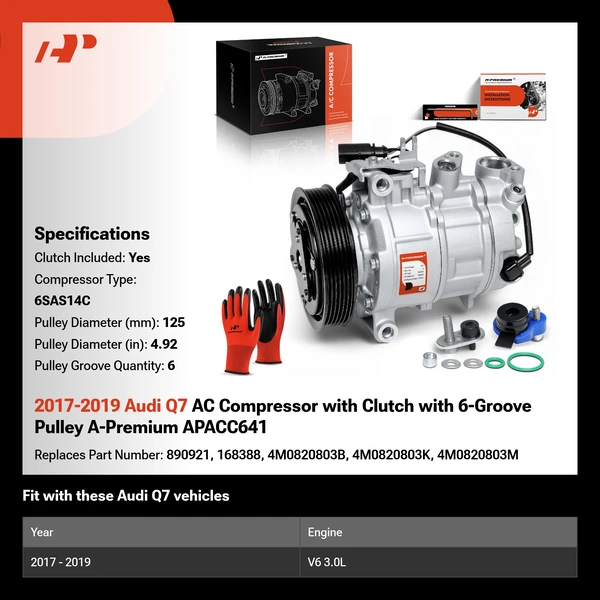 2017-2019 Audi Q7 AC Compressor with Clutch with 6-Groove Pulley A-Premium APACC641