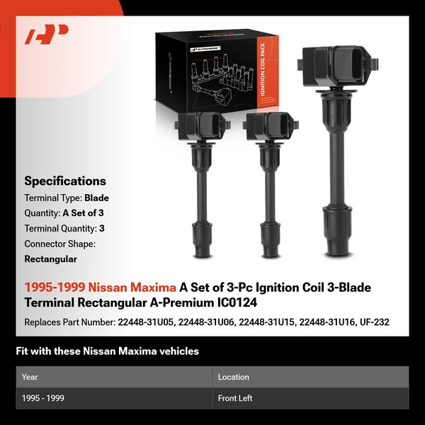 1995-1999 Nissan Maxima A Set of 3-Pc Ignition Coil 3-Blade Terminal Rectangular A-Premium IC0124