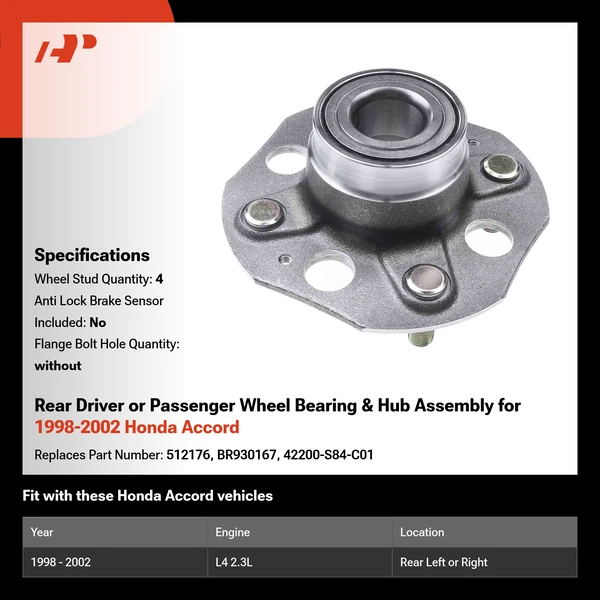 Rear Driver or Passenger Wheel Bearing & Hub Assembly for 1998-2002 Honda Accord