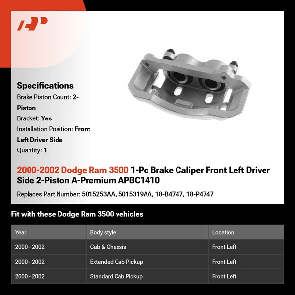 2000-2002 Dodge Ram 3500 1-Pc Brake Caliper Front Left Driver Side 2-Piston A-Premium APBC1410